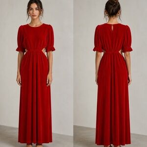 THE ODELLS Red Velvet Smocked Maxi Dress